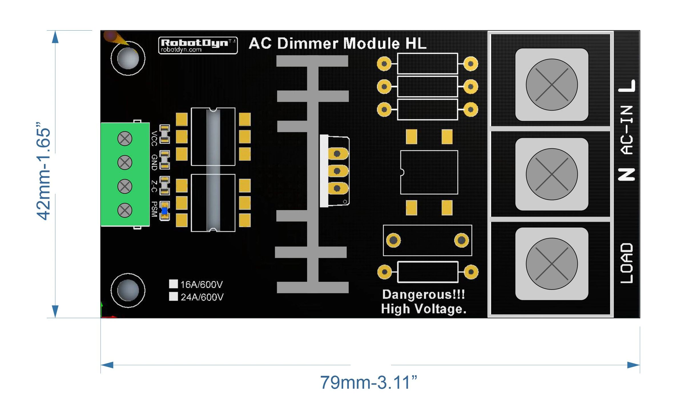 Dimmer module 3-5v PWM 16A 600V met RC filter en heatsink afmetingen